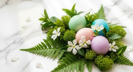 Five pastel eggs adorned with green foliage small white flowers and water droplets on a white marble surface