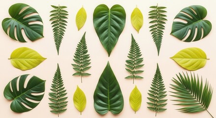 Flat lay composition featuring various tropical and fern leaves in shades of green and yellow on a pale surface