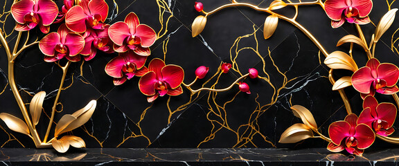 Luxury floral wallpaper featuring 3D embossed blossoms with gold, silver, and marble textures, elegant botanical mural in rich colors, abstract illustration for art prints, 4K background design