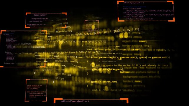 Yellow code background animation with developing source code. Ai creating website or small video game