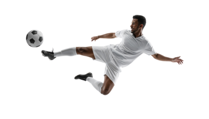 A soccer player executing a kick in mid-air, showcasing agility and precision while interacting with a soccer ball.