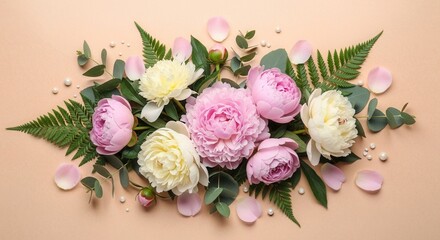 Flat lay of pink and white peonies with green ferns eucalyptus petals and pearls on a light peach background