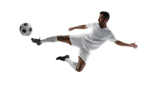 A soccer player executing a kick in mid-air, showcasing agility and precision while interacting with a soccer ball.