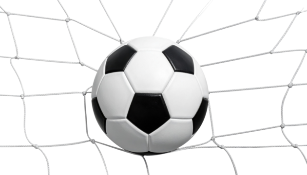 A close-up of a classic black-and-white soccer ball nestled in a net, symbolizing a goal in the game.