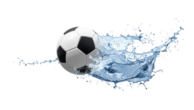 A soccer ball splashes into water, creating dynamic waves and droplets that convey energy and motion.