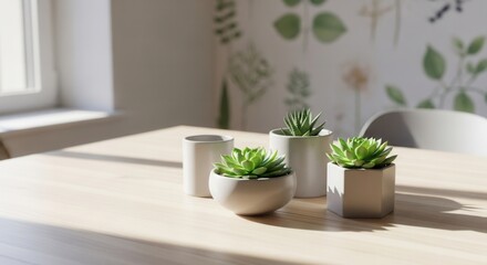 Four small potted succulent plants on a light-colored wooden table illuminated by sunlight from a window with a patterned wall background