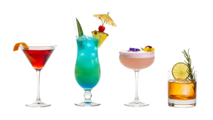 a set of cocktails: gin tonic, blue lagoon, tequila sunrise, iced irish coffee, pina colada, mai tai, cocktail with rum, whiskey, mojito