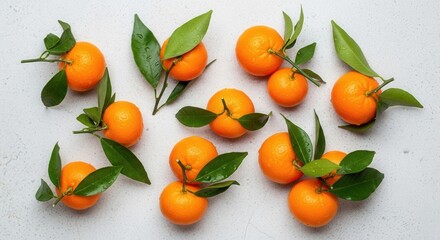 Fresh bright orange citrus fruits with green leaves and stems are scattered across a light grey textured surface some with water droplets
