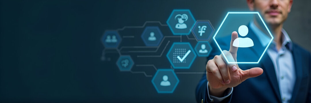 A businessman adeptly navigates digital icons signifying human resource processes, emphasizing checklist elements for human resource management, surrounded by effective copy space.