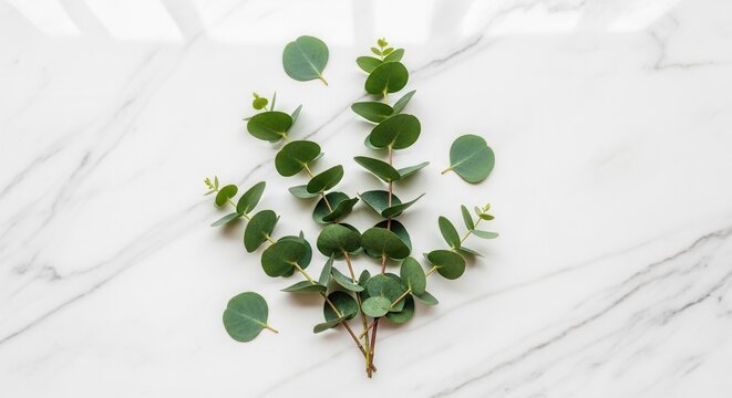 Fresh eucalyptus branches with round green leaves are scattered on a white marble surface illuminated by natural light creating soft shadows