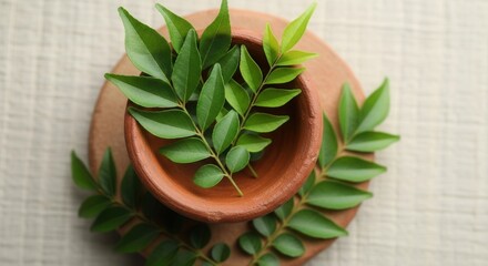 Fresh green curry leaves arranged in and around a terracotta bowl set on a light textured surface with a wooden base