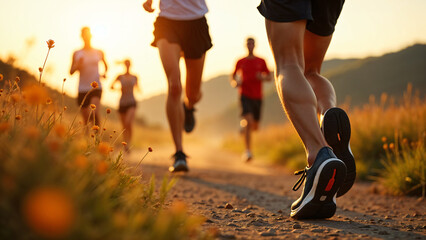close up legs runner group running on mountain trail. Sports activities in group. Friend running on a mountain track. Detailed view. Sports activity to keep good shape.