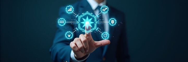Fototapeta premium Hand interacting with holographic digital automation interface displaying gears data analysis optimization icons symbolizing business automation and process optimization in empty space concept as Hand