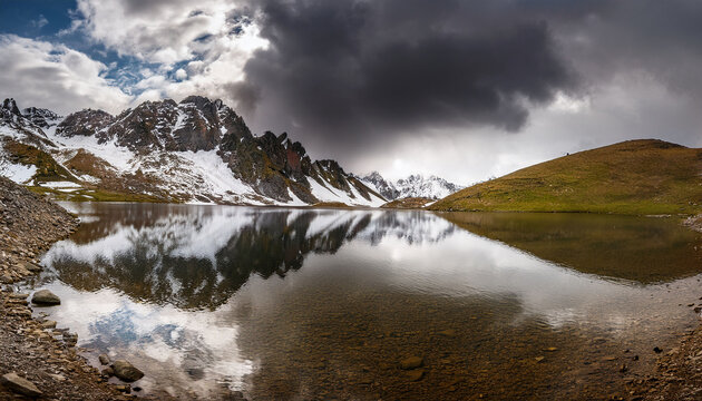 Dramatic Storm Clouds Reflected In Alpine Lake With Snow Covered Mountains