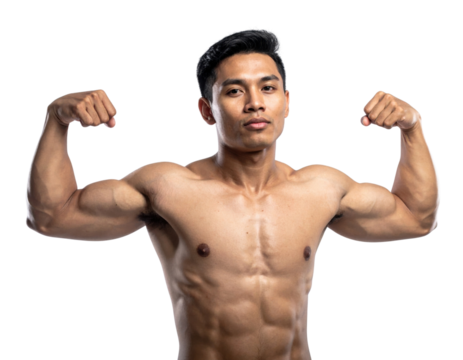 A muscular man flexes his biceps, showcasing a fit physique with defined muscles and a confident expression.