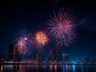 Obraz premium Spectacular night sky display featuring vibrant bursts of colorful fireworks illuminating above a modern cityscape and reflecting off tranquil water, creating a vivid celebration scene.