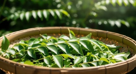Fresh green leaves are clustered in a round woven bamboo basket A blurred outdoor setting with sunlight on distant foliage forms the background