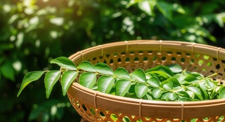 Fresh green leaves are collected in a woven bamboo basket set against a vibrant blurred natural background with bright sunlight