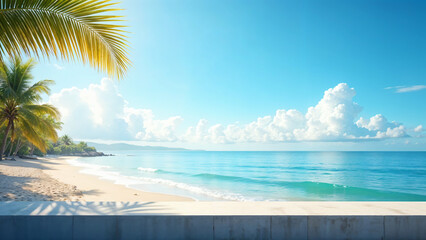 Cement counter top there is a view of beach and sea in the background of blurry palm trees is visible. of decorative design ideas