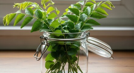 Fresh green plant stems with leaves and water droplets are arranged in an open clear glass jar resting on a wooden surface