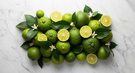 Fresh green limes some cut with vibrant leaves and white blossoms meticulously arranged on a clean white marble surface