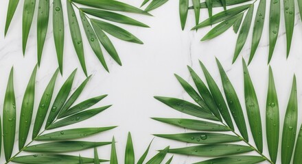 Obraz premium Fresh green tropical leaves with water drops on a white marble background