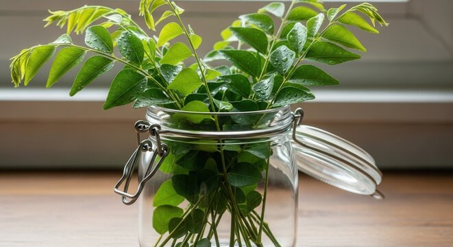Fresh green plant stems with leaves and water droplets are arranged in an open clear glass jar resting on a wooden surface - Powered by Adobe