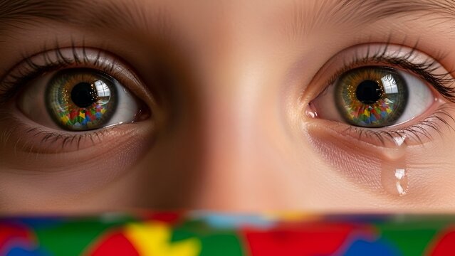 Close-up of a child's eyes filled with tears, reflecting colorful puzzle pieces, with a puzzle patterned fabric partially covering the lower face.