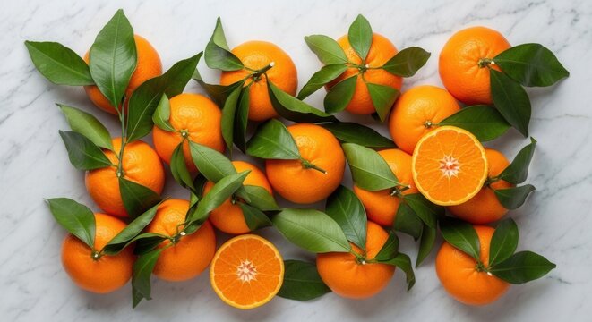 Fresh ripe oranges with green leaves are scattered across a light marble surface with two fruits cut in half revealing their segments