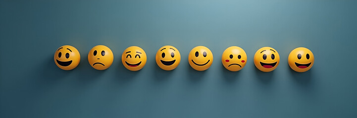 Naklejka premium Smiley face icons representing various emotional states are highlighted or adjusted, visually expressing emotional feedback, allowing for sufficient copy space placement.