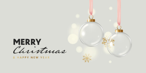 Christmas banner with realistic transparent glass balls hanging and Golden flying snowflakes. Vector illustration in 3D style