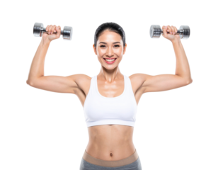 A smiling woman lifts dumbbells above her head, showcasing her strength and fitness in a workout pose.