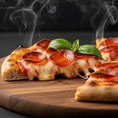 Gourmet Pepperoni Pizza Slice: Close-Up on a Wooden Board Showcasing Crispy Crust and Vibrant Toppings