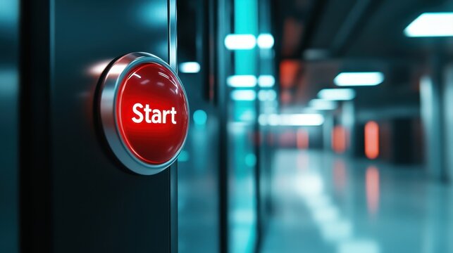 Innovative digital interface close-up of a futuristic red start button - Powered by Adobe
