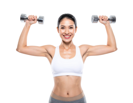 A smiling woman lifts dumbbells above her head, showcasing her strength and fitness in a workout pose.