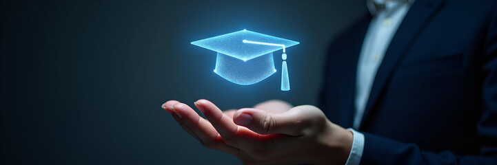 A holographic graduation cap icon hovers above a hand, brilliantly lit to showcase the innovative blend of education and technology, ideal for future learning concepts.
