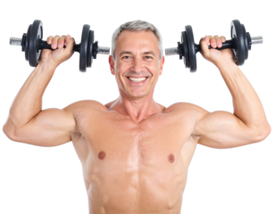 A muscular man smiling while lifting dumbbells above his head, showcasing strength and fitness.