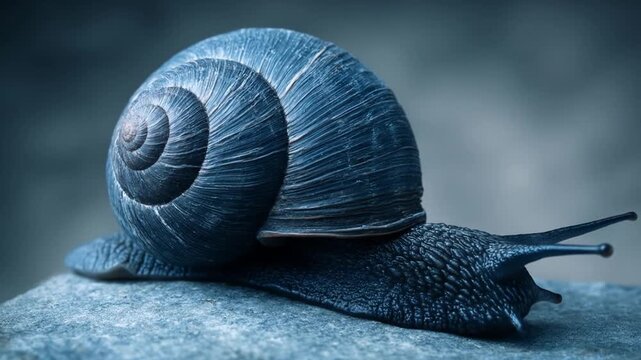 Close up of a detailed snail with a spiral shell on a textured surface