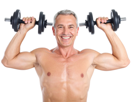 A muscular man smiling while lifting dumbbells above his head, showcasing strength and fitness.