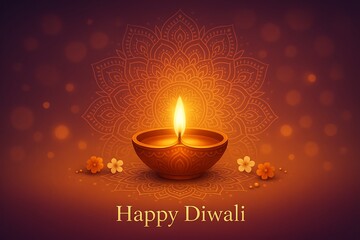 Glowing clay diya with golden flame on mandala flower art background happy diwali greeting celebrating indian culture spiritual tradition festival of lights radiant festive joy