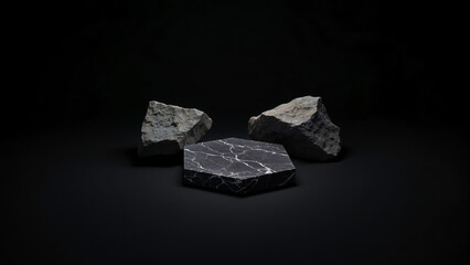 Elegant black stone podium for showcasing skin care cosmetics in a minimalist style