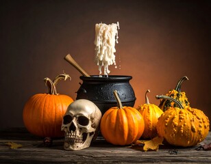 Halloween still life with cauldron, melting candle, skull, and pumpkins
