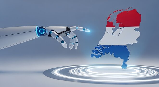 Robotic hand reaches out to touch a futuristic map of indonesia