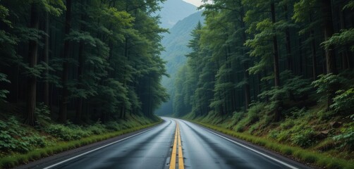 Obraz premium Temperate Trail Matte Painting Depicting a Road Through a Green, Mountainous Environment