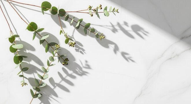 Green eucalyptus branches with rounded leaves and small buds lie on a white marble surface illuminated by sunlight casting prominent shadows