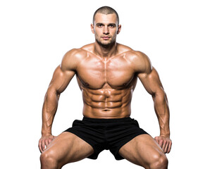 Fototapeta premium A muscular man poses confidently, showcasing well-defined abs and a strong physique.