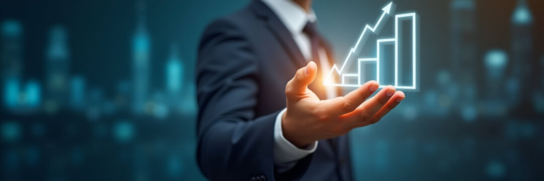 A businessman reaches out, touching a growing business graph symbolizing progress and success. The image captures the essence of startup investment, with copious copy space for targeted messaging.