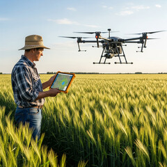 Modern Farming: Farmer Using Tablet to Control Drone Over Field
A modern farmer wearing a straw hat and plaid shirt stands in a lush, green wheat field under a clear blue sky