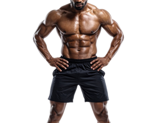 A muscular man stands confidently, showcasing defined abs and arms, wearing black shorts.