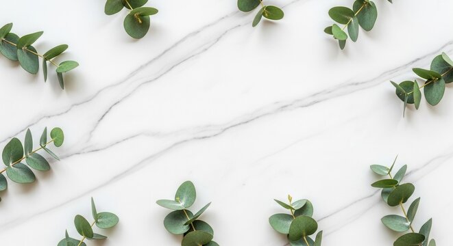 Green foliage branches are artfully placed on a white marble surface featuring subtle grey veining and a clean bright aesthetic - Powered by Adobe